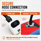 Instructions for secure hose connection with E-pump and product valve ends on a white background.