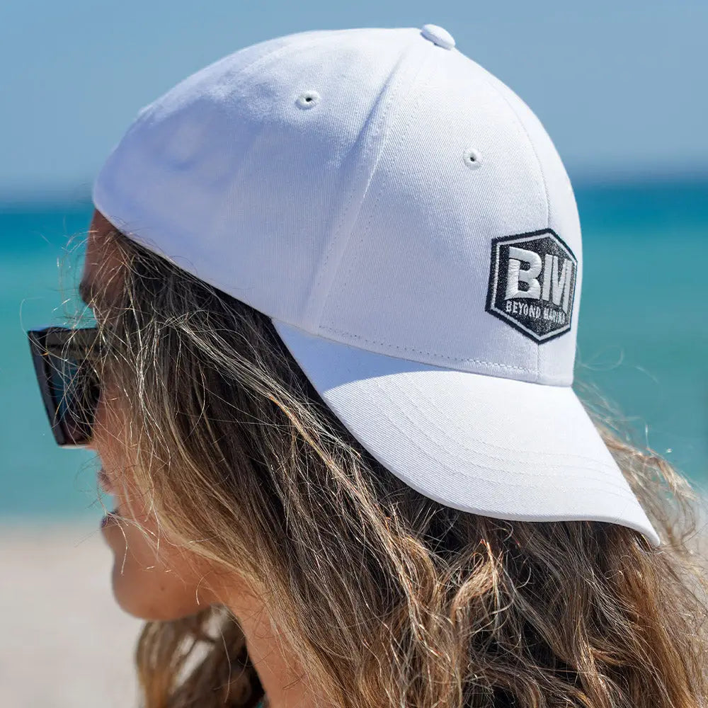 Custom Embroidered Shaka Hat with Woman wearing White Hat and Sunglasses