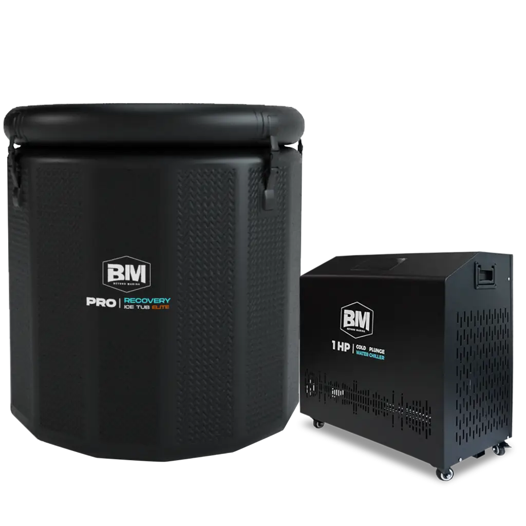 Black portable ice bath tub with water chiller for full-body immersion therapy