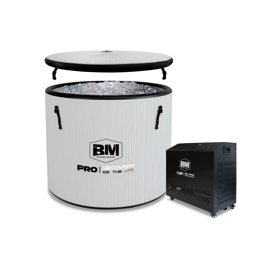 Portable ice bath with chiller unit in deep round design for full-body recovery