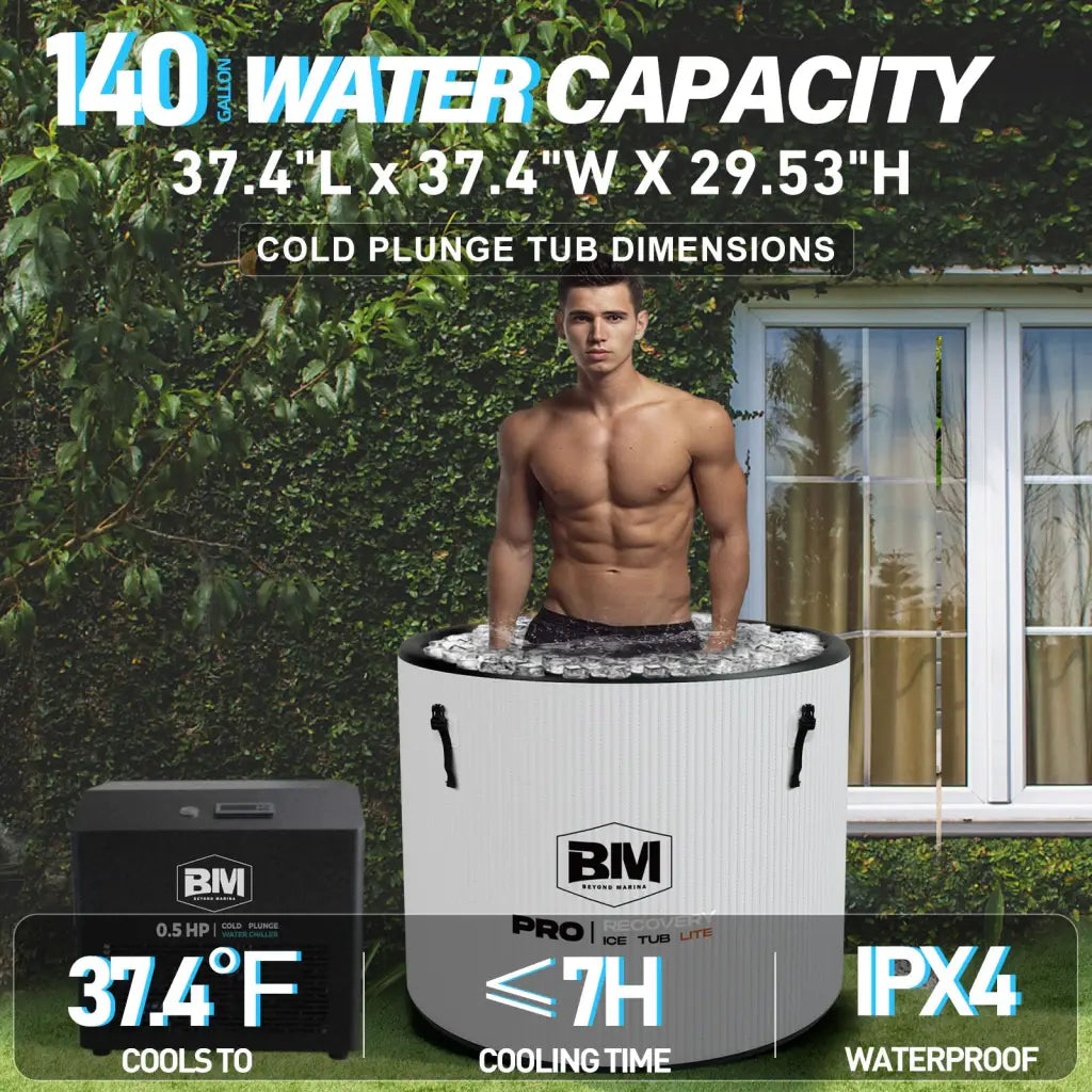 Deep round ice bath tub with white ribbed BVI Pro Ice Tub Lite for full-body soak
