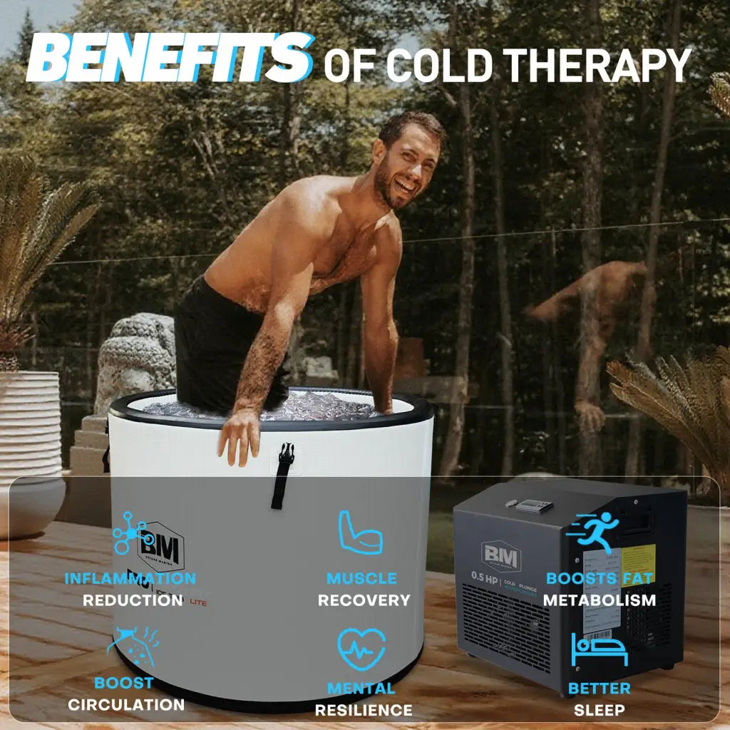 White and gray inflatable ice bath tub with chiller for deep round full-body soak