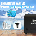 Black 1 HP water purification system with wheeled base and Bim logo for deep round inflatable ice bath tub