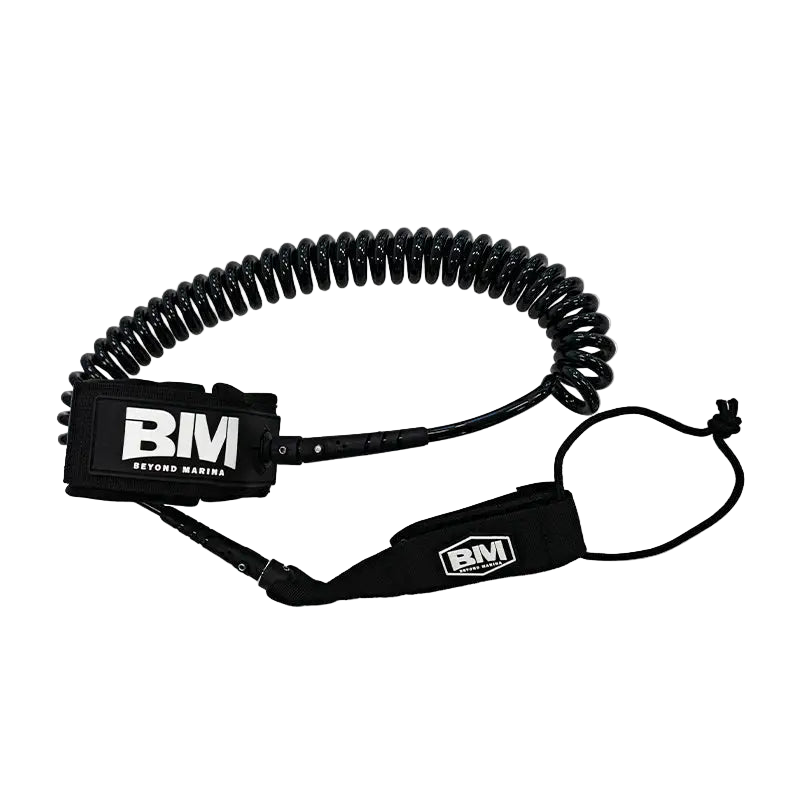 Black coiled ankle leash for Stand Up Paddle Board safety and durability