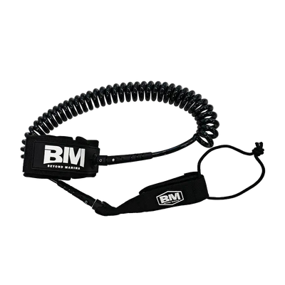 Black coiled ankle leash for Stand Up Paddle Board safety and durability