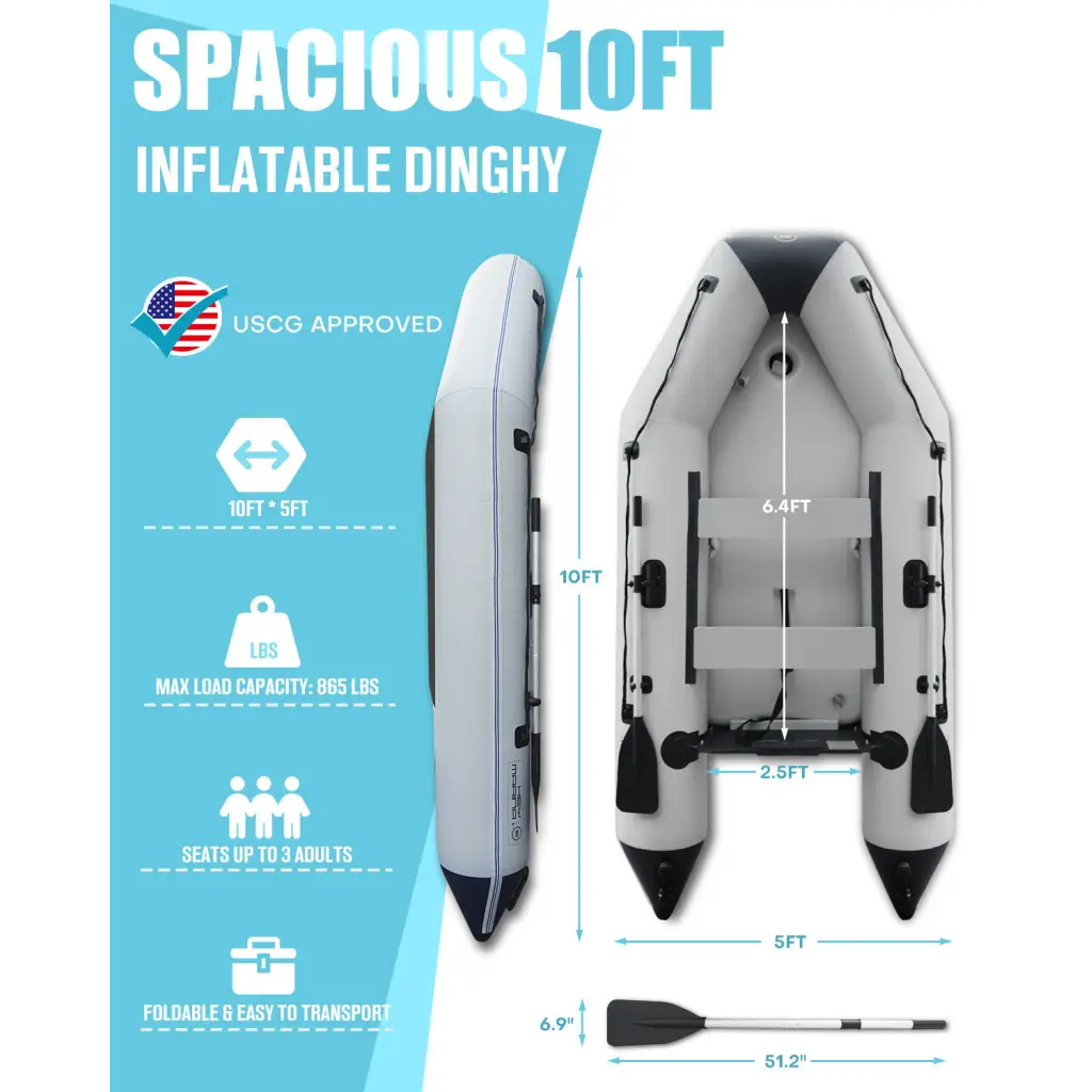 Inflatable dinghy from the 10ft Heymarina Series with size and capacity details