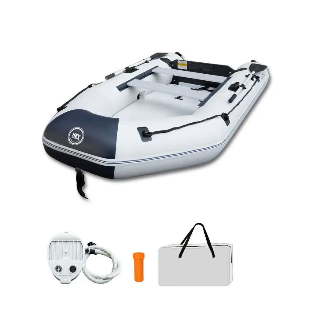 Inflatable boat from the 10ft Heymarina Series with accessories and inflatable dinghy