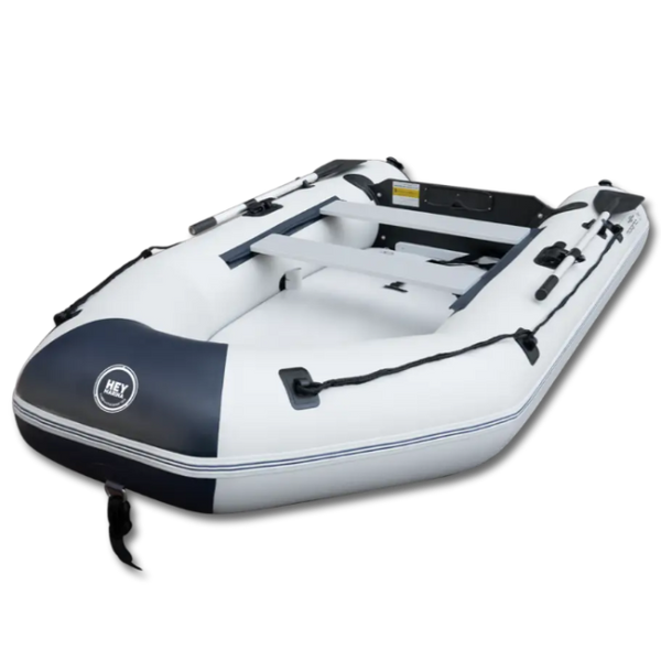 Inflatable boat from the 10ft Heymarina Series featuring white and navy colors