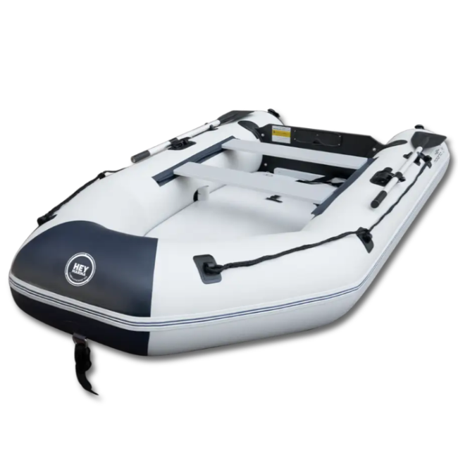 Inflatable boat from the 10ft Heymarina Series featuring white and navy colors