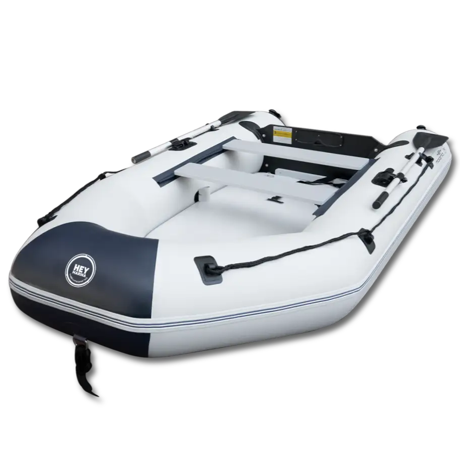 Inflatable boat from the 10ft Heymarina Series featuring white and navy colors