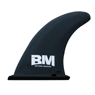 Black surfboard fin with 'Beyond Marina' logo on a white background