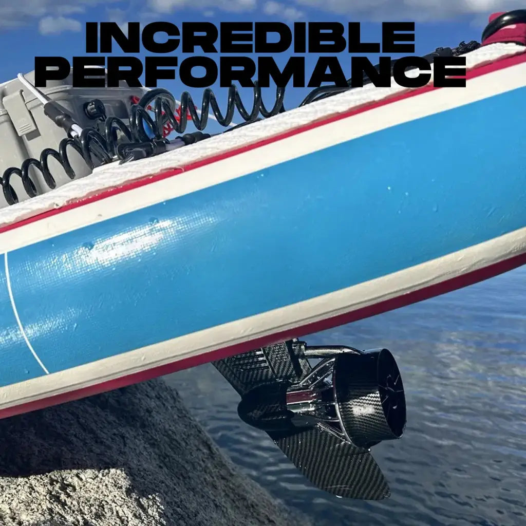 Blue and red inflatable paddleboard with electric fin, 160W motor, carbon fiber