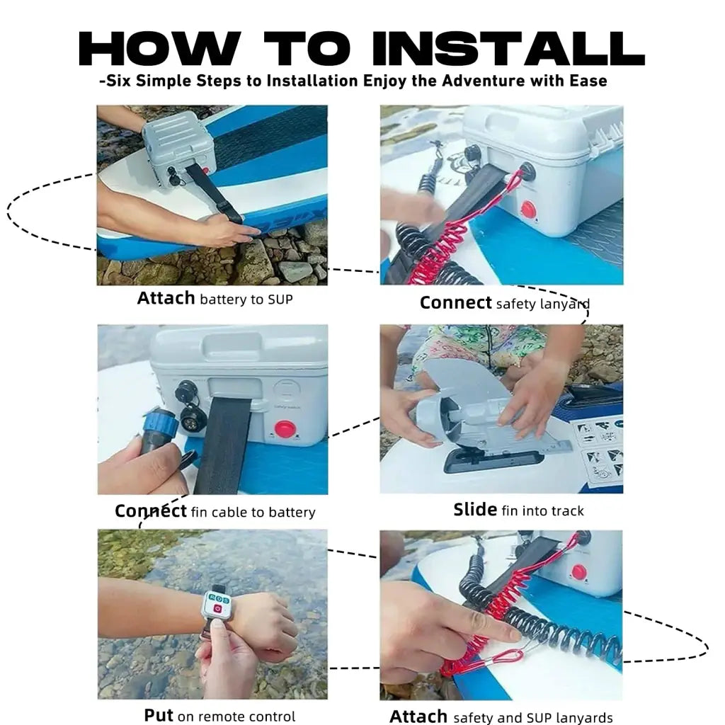 Blue and white inflatable paddleboard with electric fin, 160W motor, carbon fiber