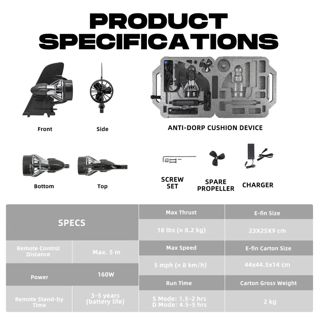 Electric fin with 160W motor, carbon fiber, black silver hoverboard