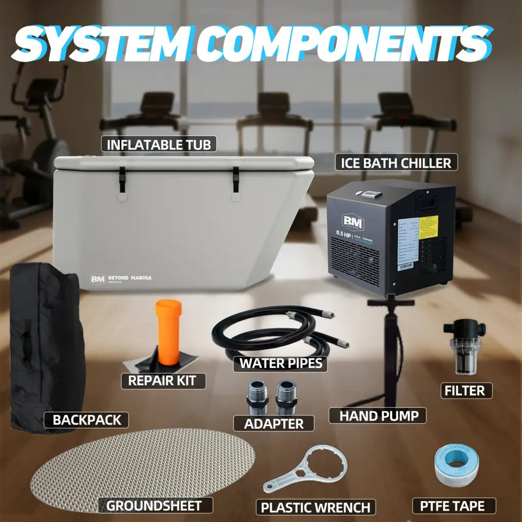 Full-body inflatable ice bath tub with white exterior and black interior