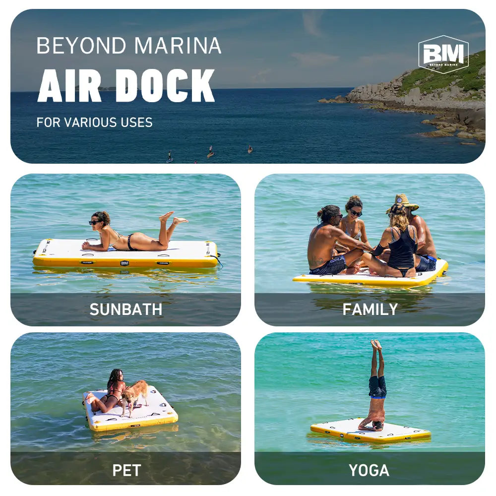 Couple paddle boarding on inflatable dock in ocean with Beyond Marina AIR DOCK 6.