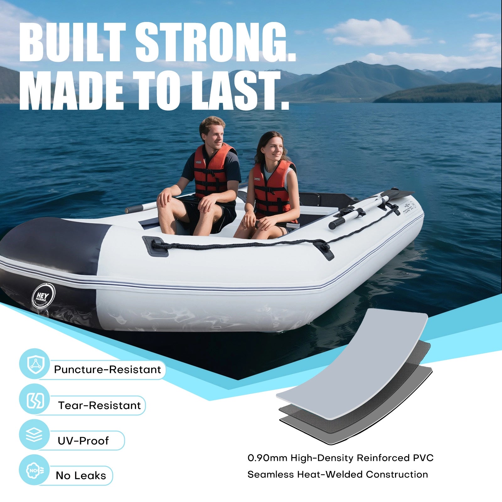 Two people in an inflatable dinghy boat on water