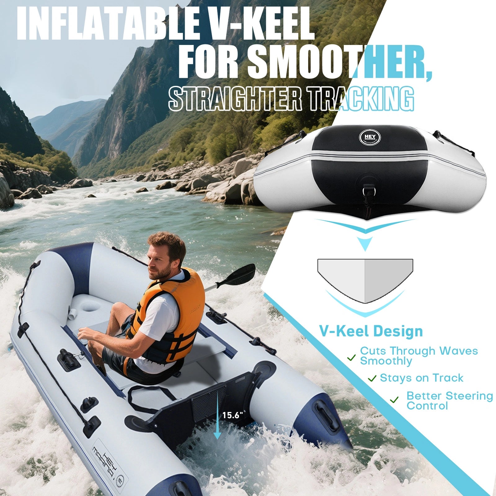 Inflatable boat with V-Keel design being used by a person on a river with scenic mountains in the background.