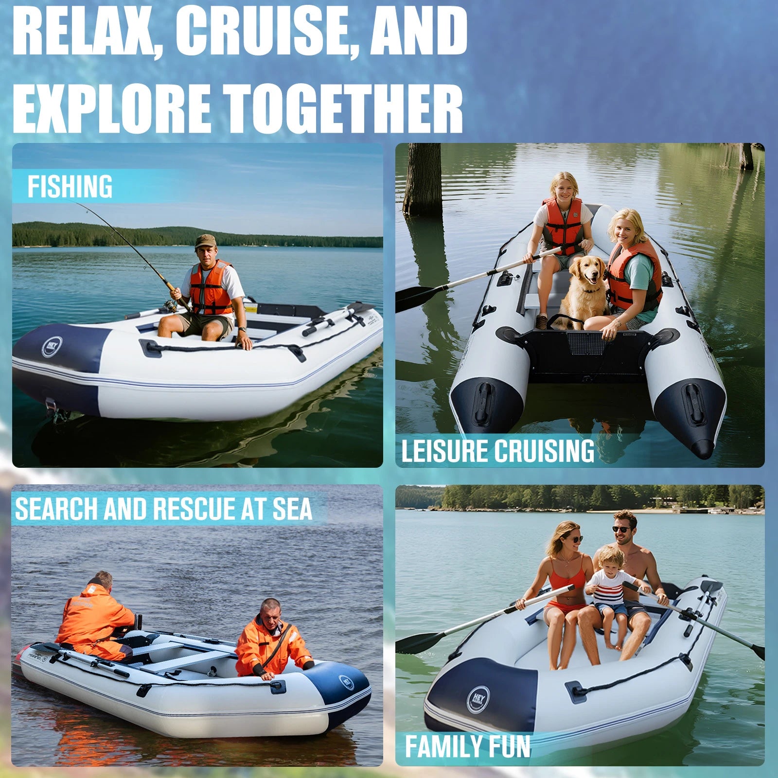 Collage of people using inflatable boats for fishing, leisure cruising, search and rescue, and family fun on a lake.