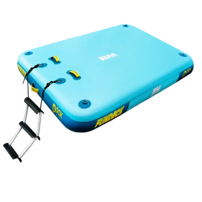 Inflatable blue floating dock with ladder for easy setup and stable waterfront fun