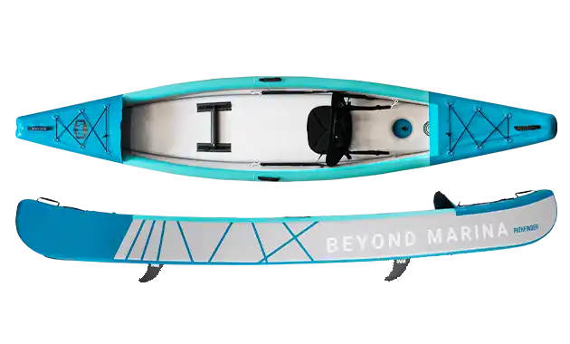 Inflatable blue and white kayak.