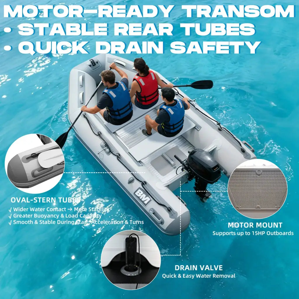 Gray Titan inflatable dinghy boat with black outboard engine