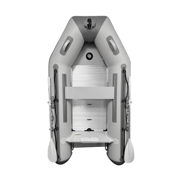 Gray Titan inflatable dinghy boat for fishing, compact with seating and storage