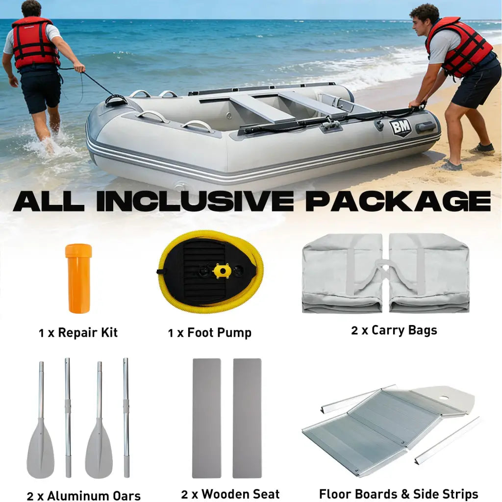 Silver Titan inflatable dinghy boat with black trim and BM logo