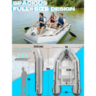 Gray Titan inflatable dinghy boat with blue trim and oars