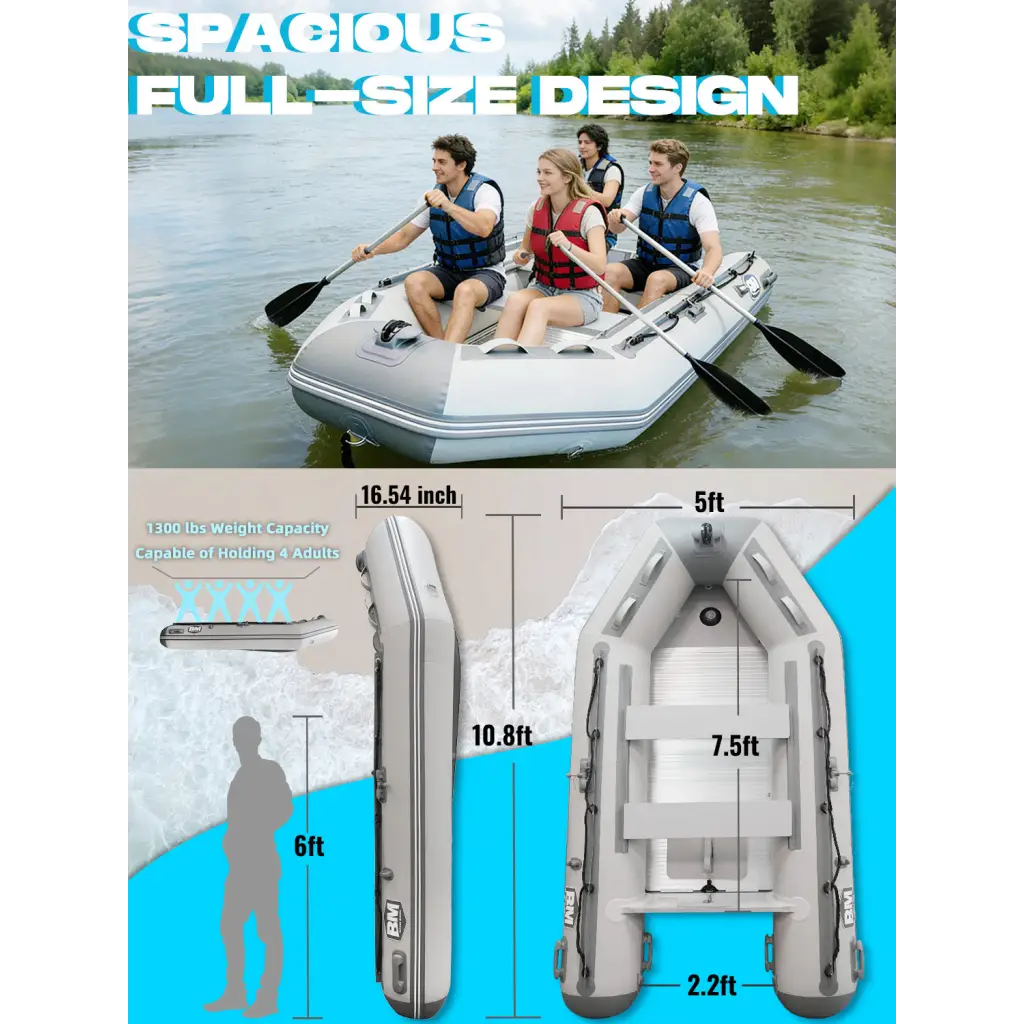 Gray Titan inflatable dinghy boat with black oars, spacious full-size design