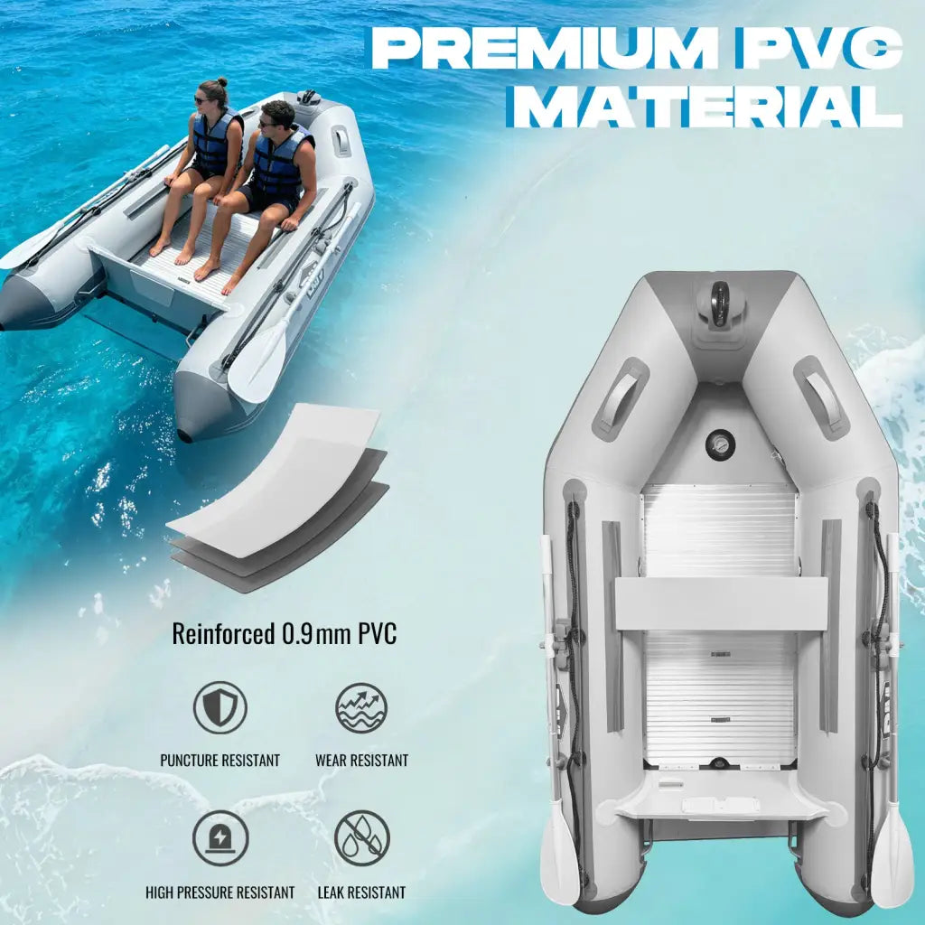 Gray Titan inflatable dinghy boat with PVC reinforcement and white seating