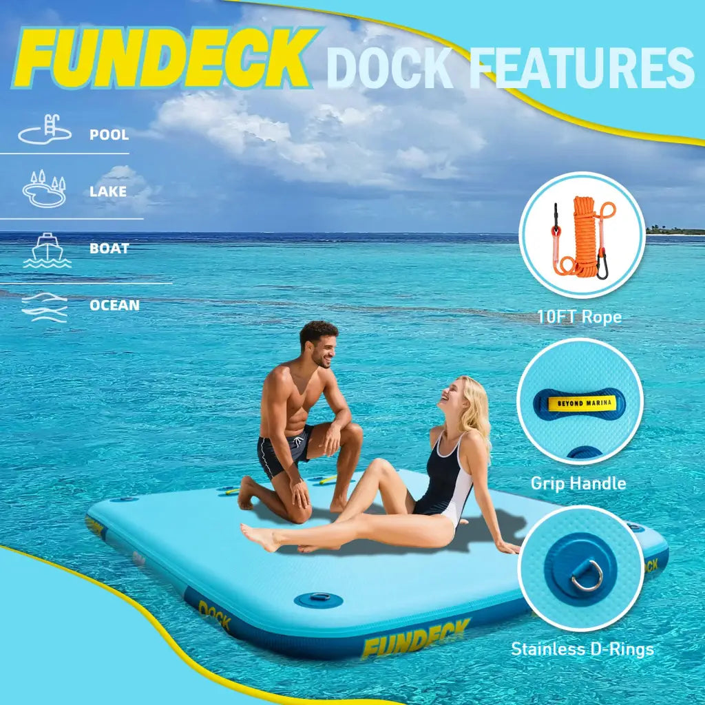 Light blue inflatable dock with yellow branding, black grip, easy setup