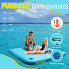 Light blue inflatable dock with yellow branding, black grip, easy setup