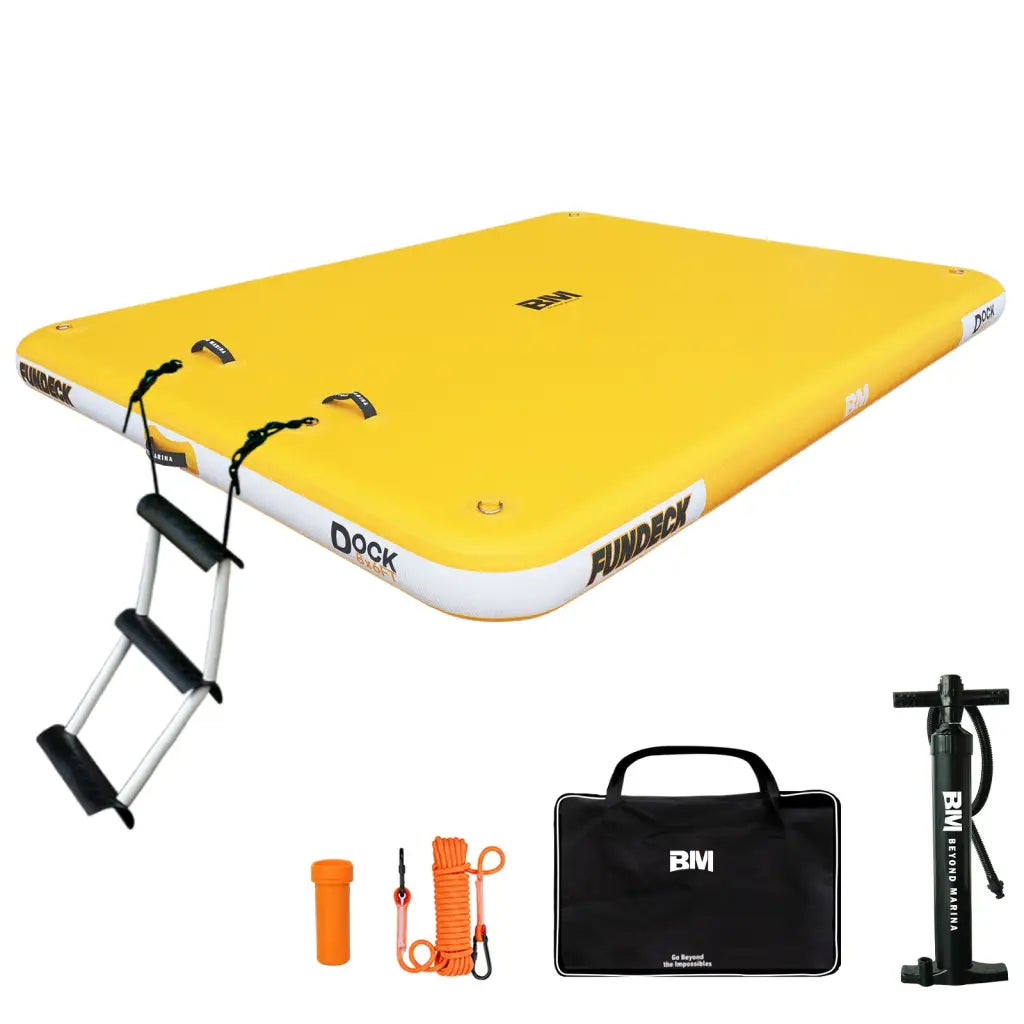 Funduck bright yellow inflatable dock with easy setup, white trim, black handles