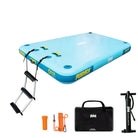 Light blue inflatable dock with easy setup, yellow branding, black ladder