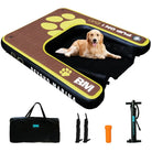 Brown and black inflatable dog pool ramp with yellow paw prints and pup on i evo branding for safe water access