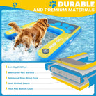 Blue yellow inflatable dog pool ramp with paw print pup platform