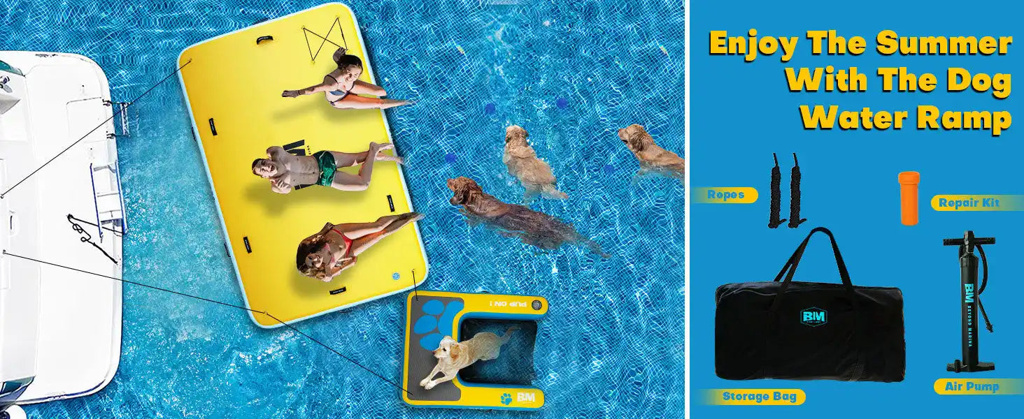 Inflatable dog water ramp with accessories.