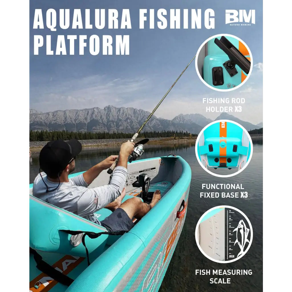 Aqualura inflatable fishing kayak with turquoise hull, orange accents, rod holder, scale