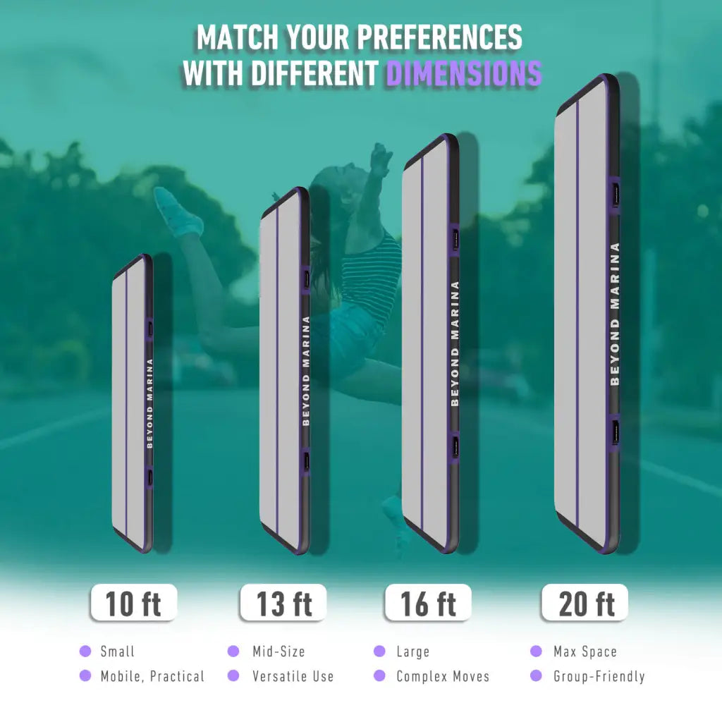 Beyond Marina AIR TRACK INFLATABLE GYMNASTICS MAT TUMBLING TRACK - CARBON: Graphic comparing different dimensions.