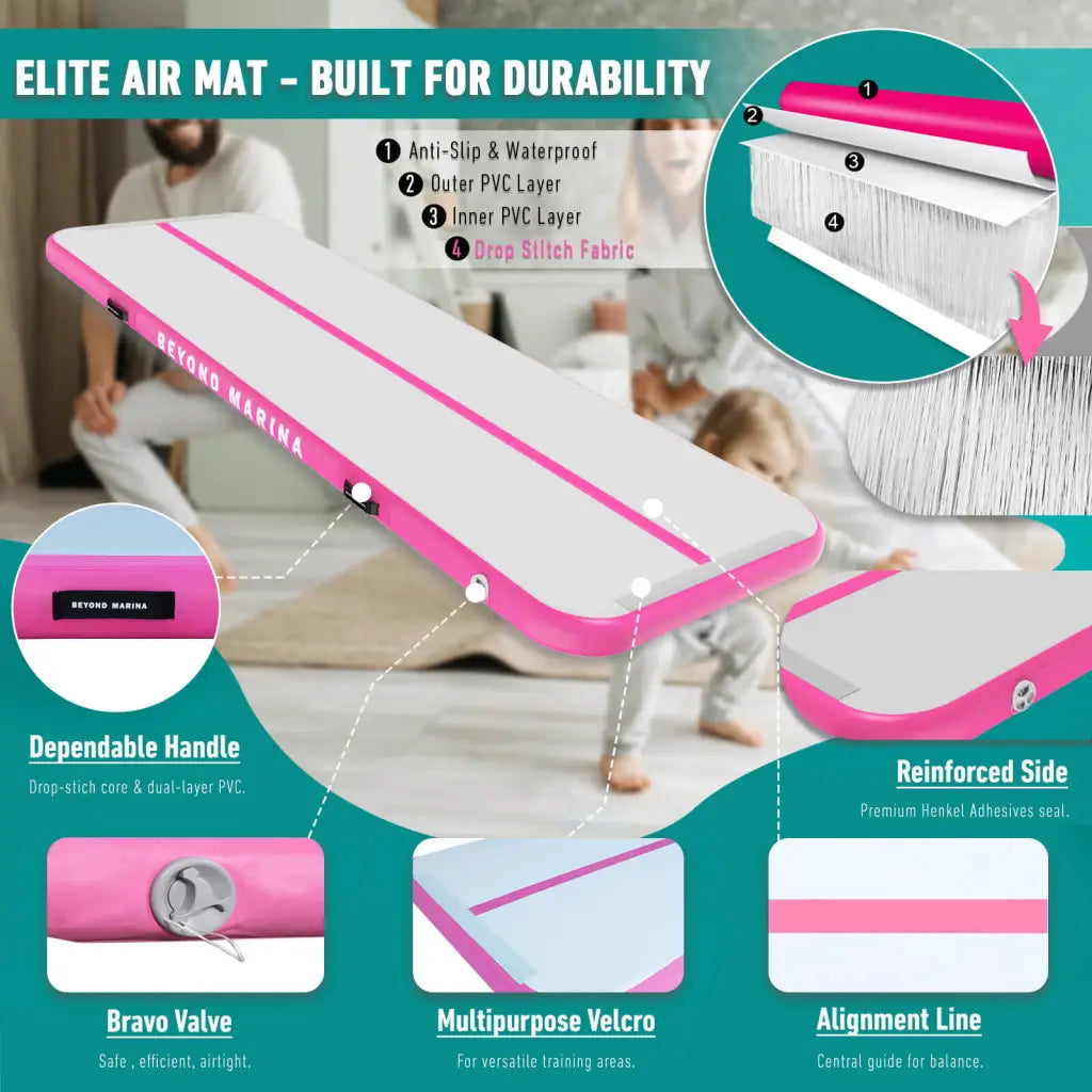 Electric folding bed with pink cover, Beyond Marina air track inflatable gymnastics mat in pastel.