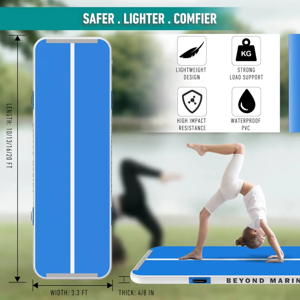 Woman practicing yoga on blue air track inflatable mat.