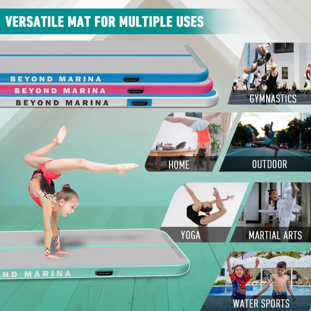 Woman practicing yoga on balance board, Beyond Marina Air Track Inflatable Gymnastics Mat Tumbling Track - Pastel.