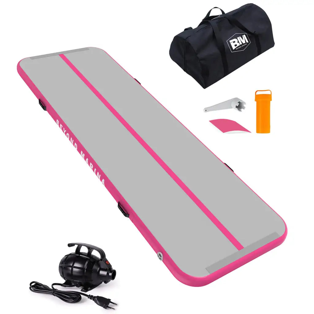 Pink and gray air track inflatable gymnastics mat with bag and headphones