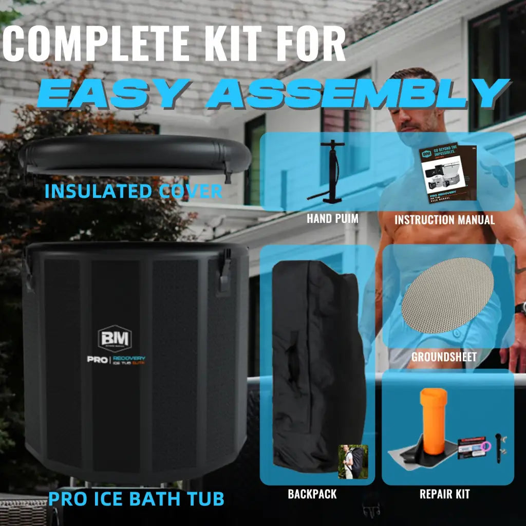 Inflatable Ice Bath Tub Durable Compact Elite PRO with insulated cover, hand pump, and accessories