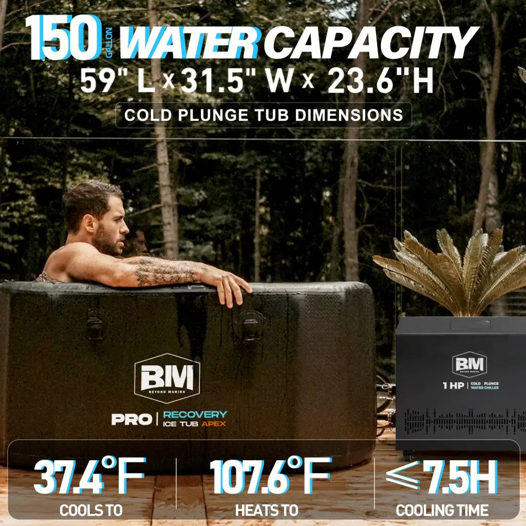 Black inflatable ice tub with deep oval design and Bim Pro branding
