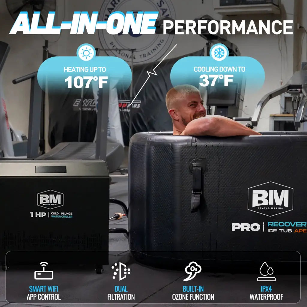 Inflatable ice tub with deep oval design, smart WiFi control, dual filtration, and quiet operation