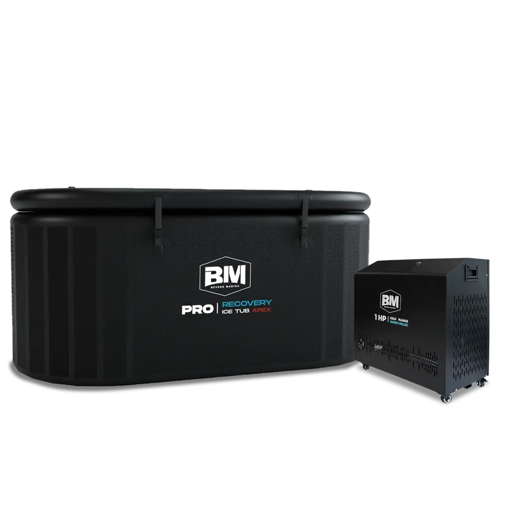 Black portable inflatable ice tub with chiller unit for full-body cooling and recovery