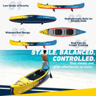 Yellow and black 2-person inflatable kayak with drop-stitch construction and dual fins