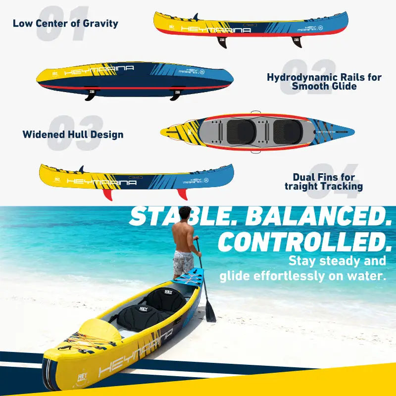 Yellow and black 2-person inflatable kayak with drop-stitch construction and dual fins